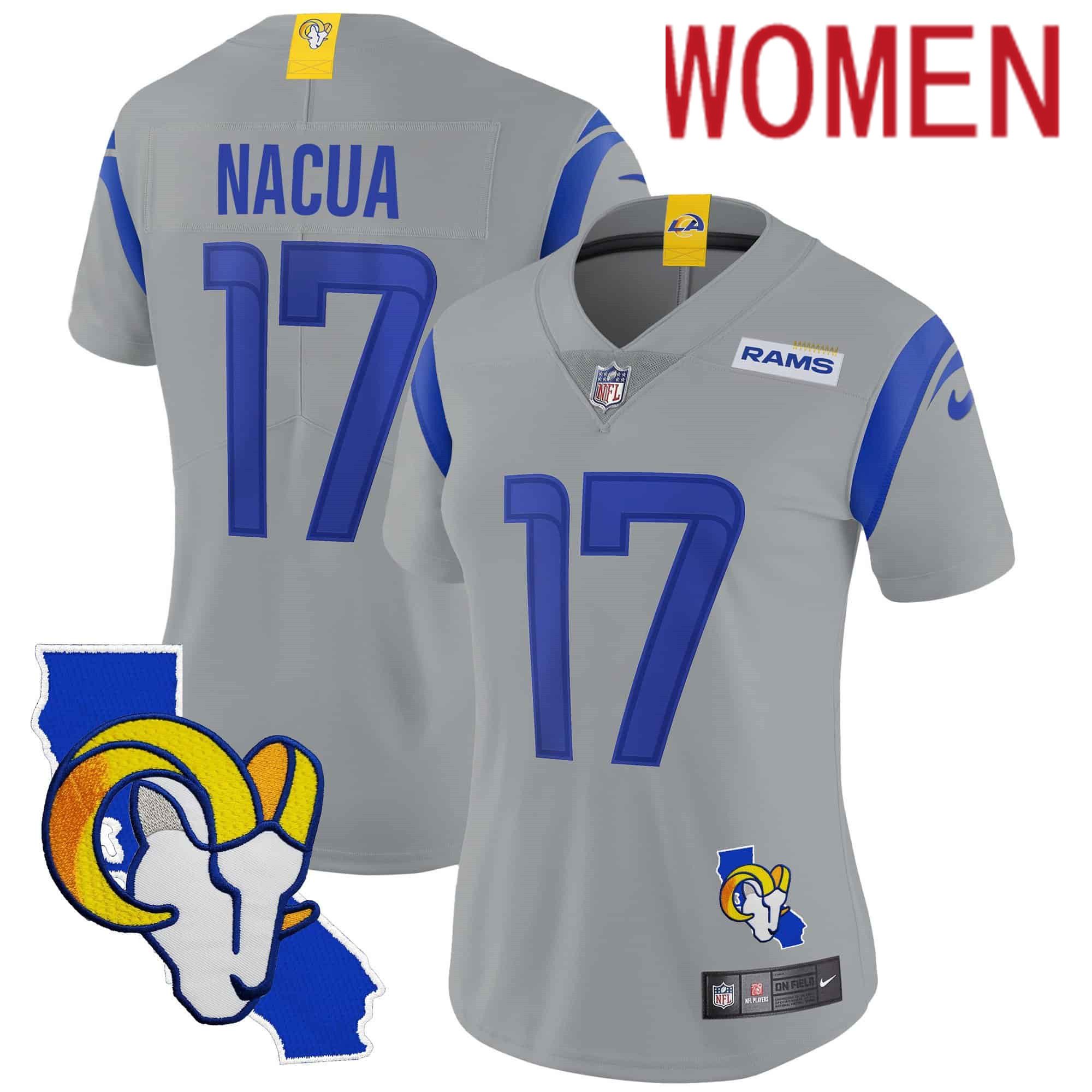 Women Los Angeles Rams #17 Nacua Grey 2024 Nike California Patch Vapor Limited NFL Jersey